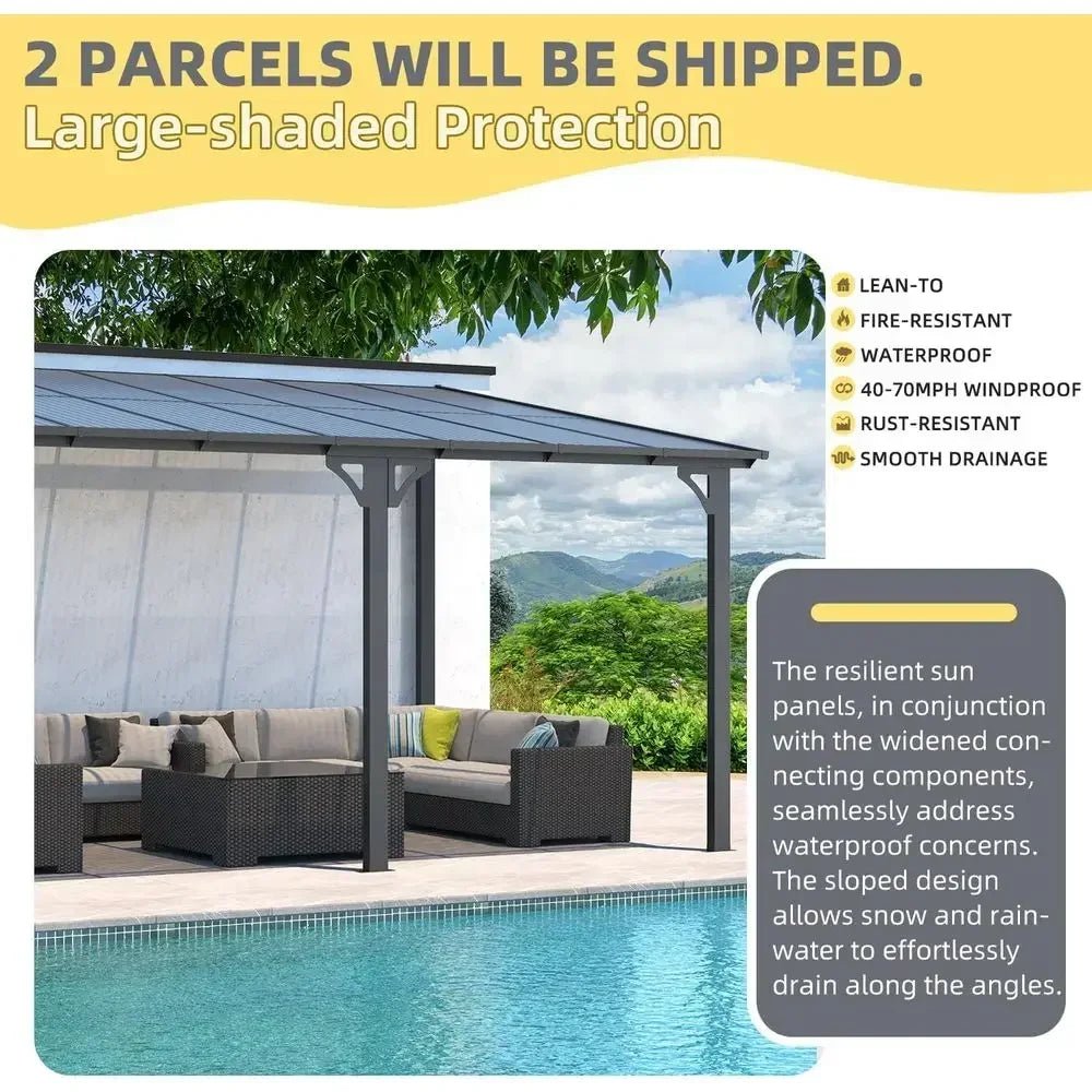 14x10 Outdoor Lean-to Gazebo, Wall-Mounted Pergola, Metal Awning, Large Panel Roof for Patio Use