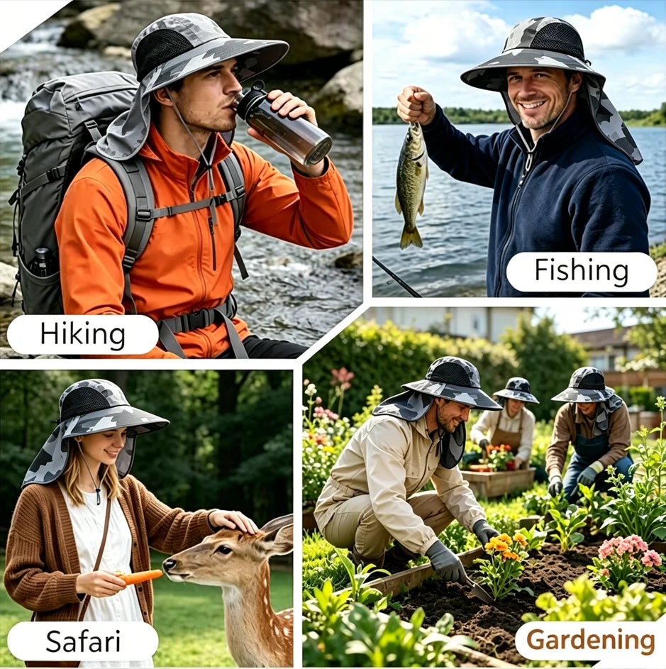 Camo Sun Hat Men Women UPF 50+ UV Protective Wide Brim Fishing Hat with Neck Flap Lightweight Outdoor Hiking Beach Sun Cap