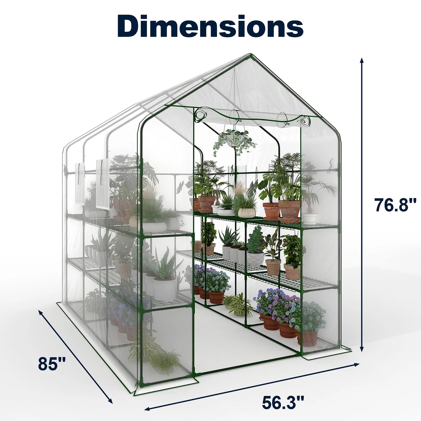 57x85x77in Walk-In Greenhouse With 8 Shelves, PE Cover, Mesh Windows & Zipper Door, Heavy Duty Plant House For Garden Backyard Patio