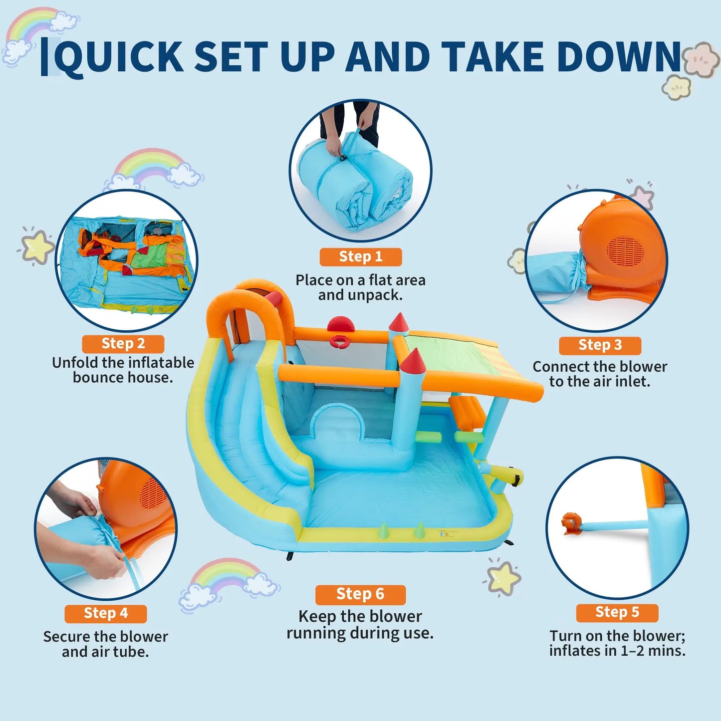 14FT Kids Bounce House With Slide & 450W Blower, 12-in-1 Inflatable Water Bouncer For Backyard Indoor Outdoor Party Castle Play