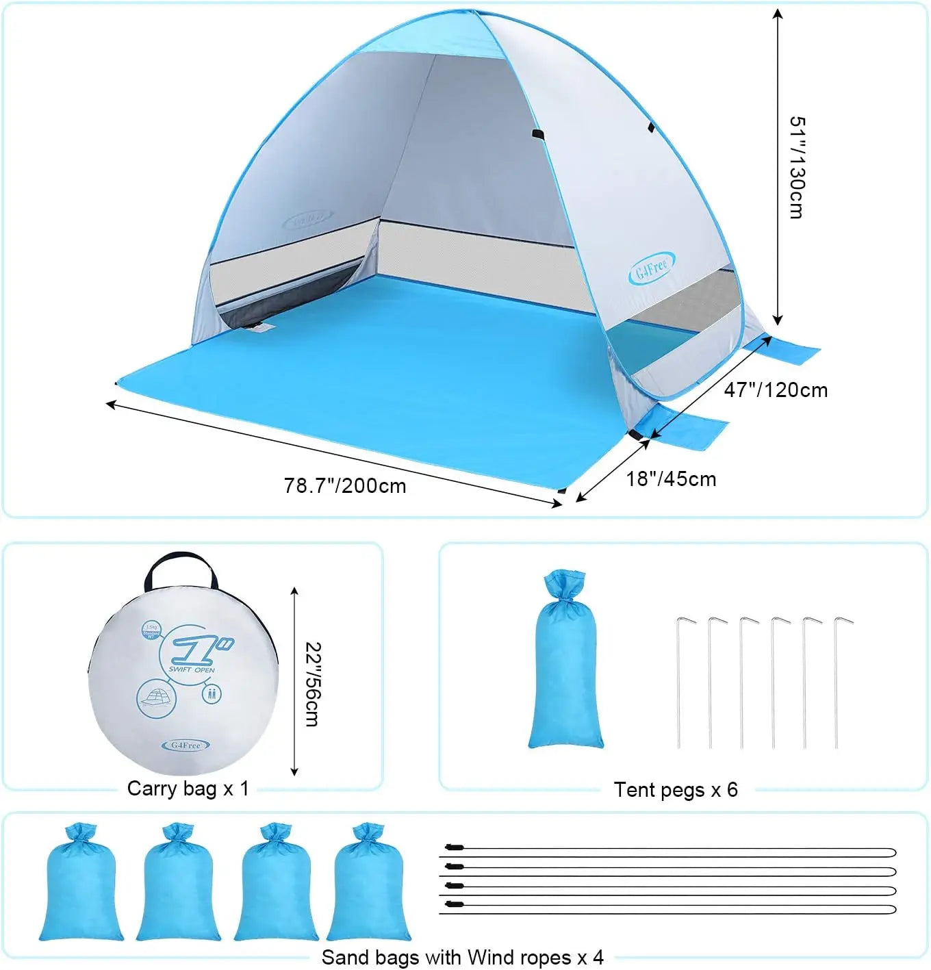 Large Pop Up Beach Tent for 3-4 Person, Automatic Sun Shelter Canopy with UV Protection, Portable Outdoor Cabana