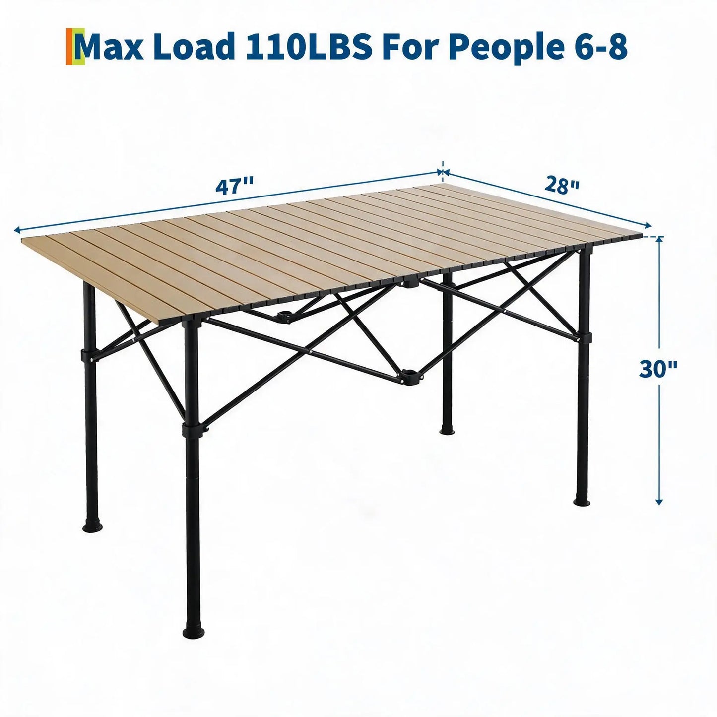 47x28x30in Folding Camping Table, Portable Aluminum Roll Up Table With Carry Bag, 110lb Outdoor Picnic BBQ Patio Table For Beach Backyard