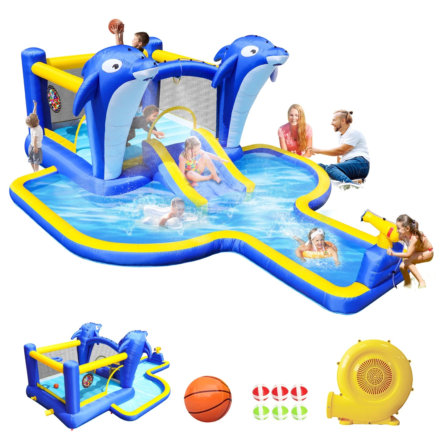 Inflatable Bounce House Wet Dry Water Slide Kids Jumping Castle For Outdoor Backyard with Dolphin sprinkler & Target games