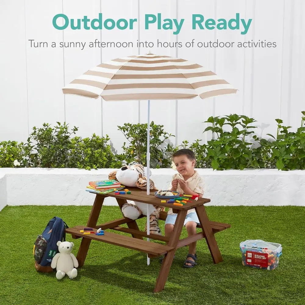 Sturdy Wooden Kids Picnic Table With Umbrella And Benches
