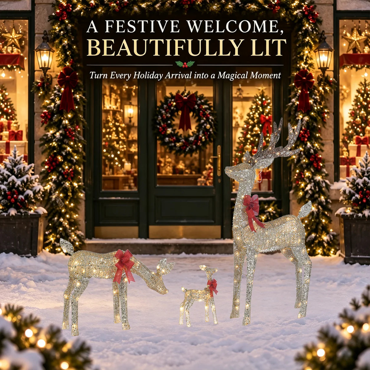 Pre Lit Reindeer Family Christmas Metal LED Outdoor Patio Decor