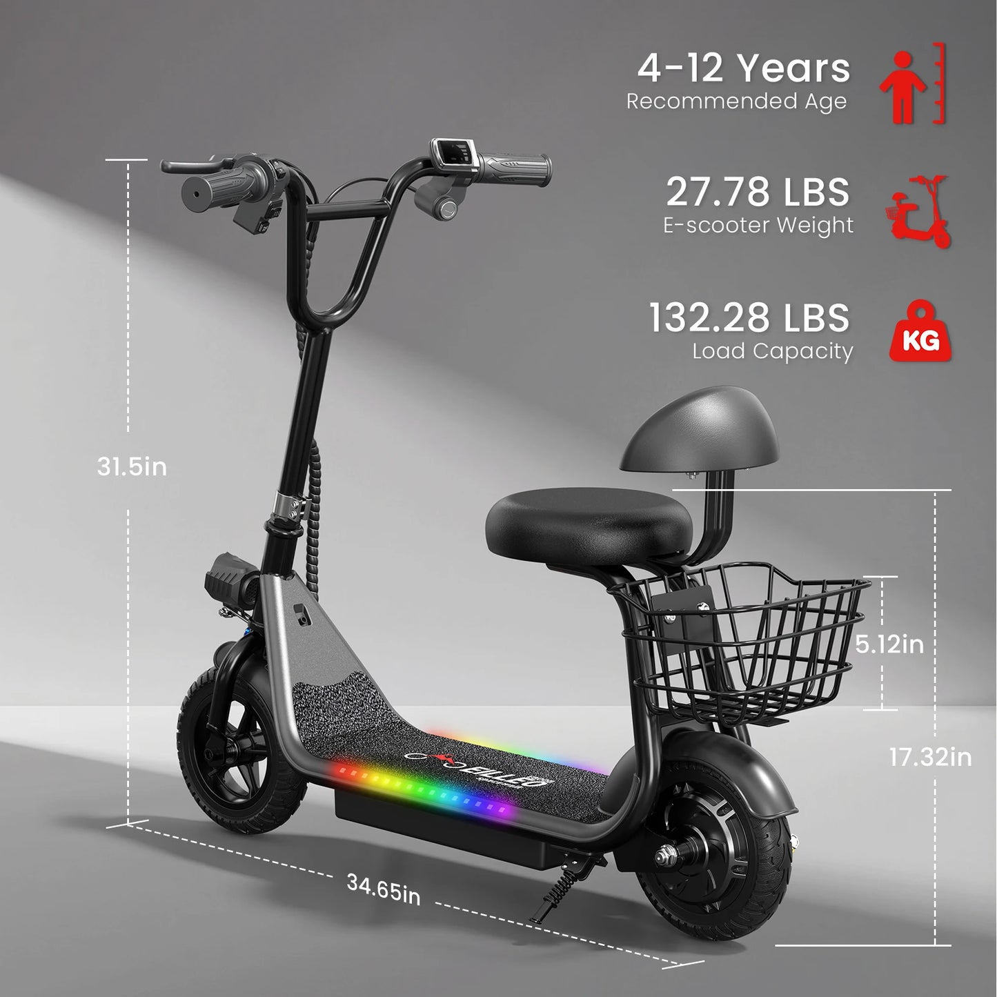 Spacewlak Kids Electric Scooter,Peak 250W Motor,8" Pneumatic Tires,Kids Foldable Electric Scooter with Basket & Adjustable Seat
