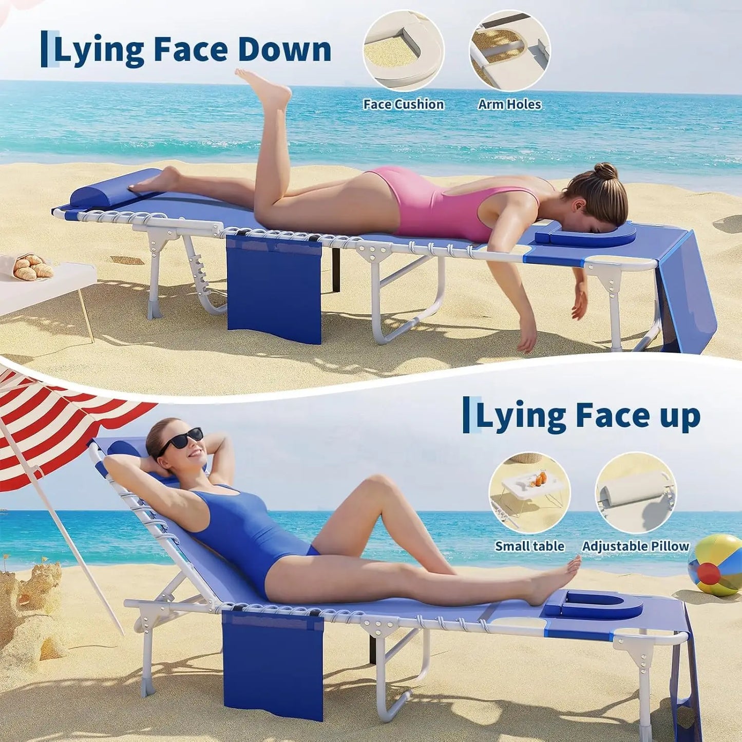 Folding Sun Lounger with Face Hole for Tanning, Outdoor Chaise Lounge Chair 5-Position Adjustable Reclining Lay Flat Beach Chair with Side Table & Carry Strap for Pool Patio Camping