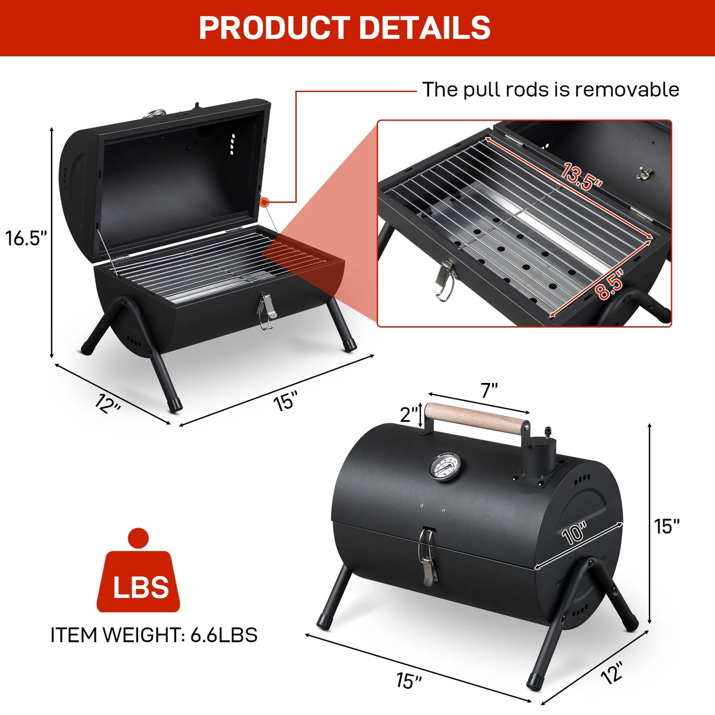 Portable Charcoal Grill With Thermometer And Wooden Handle