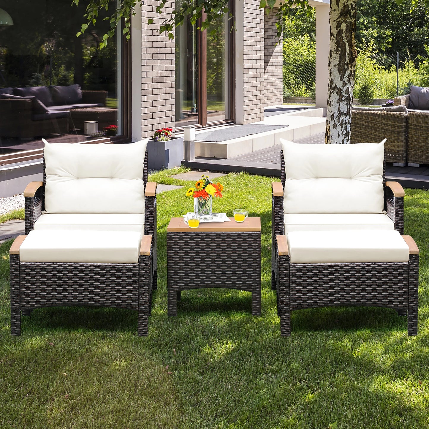 HOMASIS 5 Piece Patio Rattan Sofa Set With Wood Table