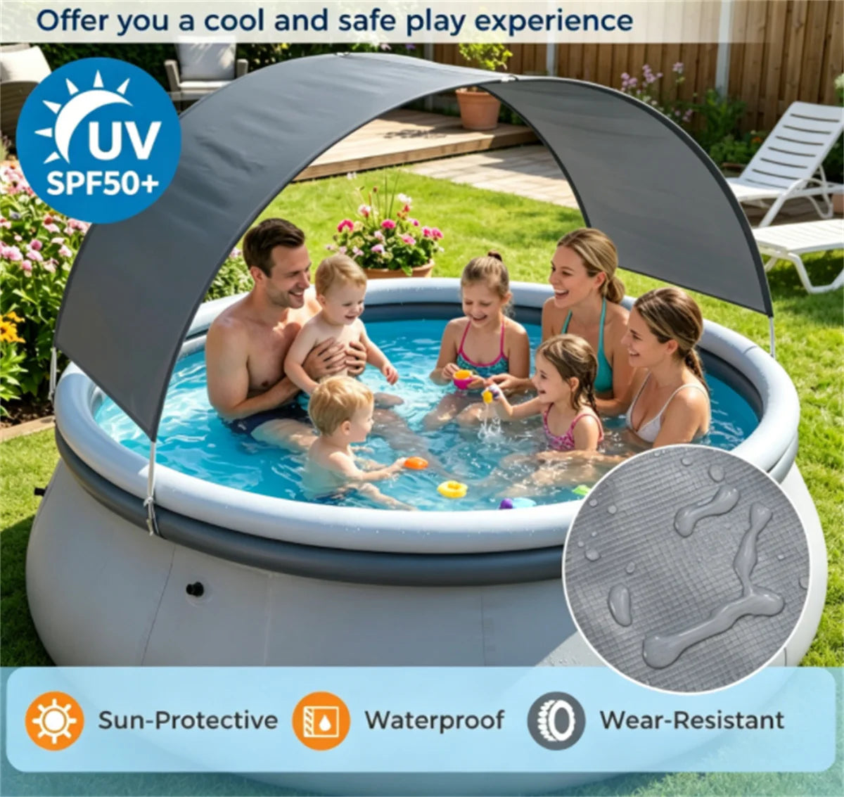 118" x 68" Large Capacity Outdoor Inflatable Swimming Pool with Sunshade Tent, Tear Resistant Heavy-Duty PVC Blow Up Pool, Portable 6-Person Family Water Pool Complete with Repair Kit for Backyard Garden Summer Party