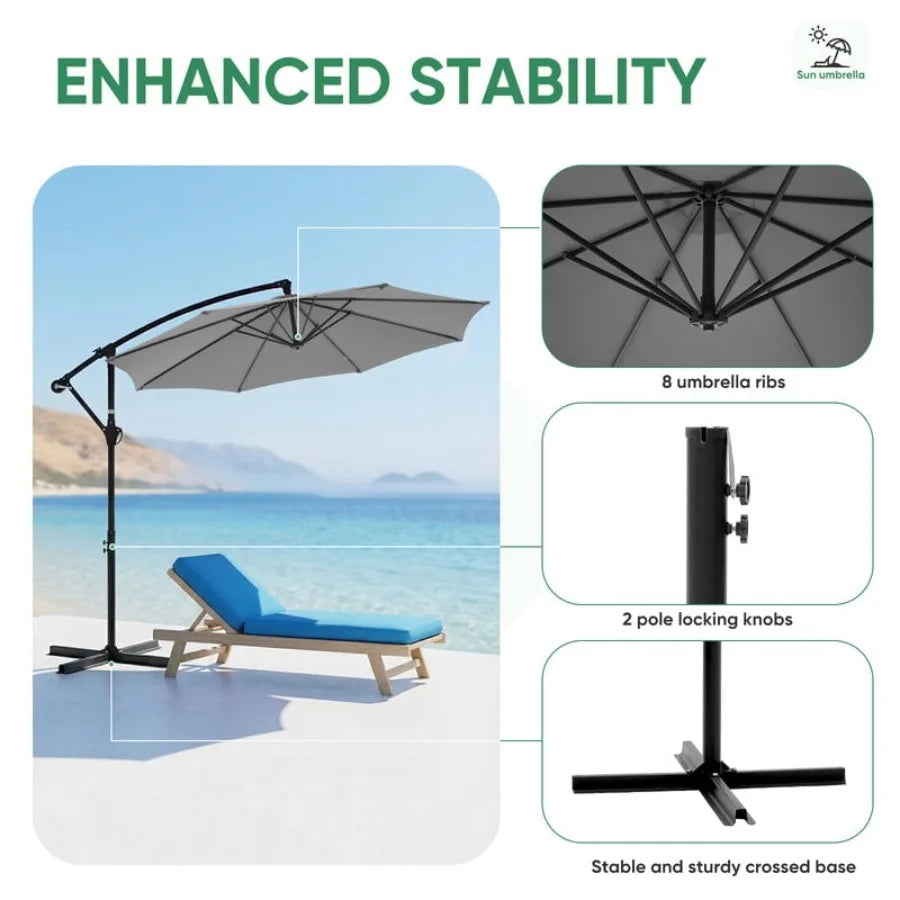 Outdoor Patio Umbrella 10ft Offset Hanging Patio Umbrella with Aluminum Stand 8 Ribs UV Protection for Pool Garden Backyard Mar
