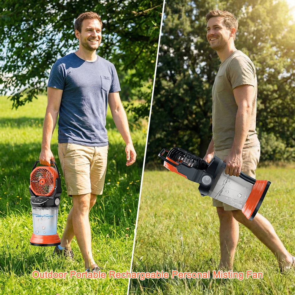 Portable Misting Fan Rechargeable Multifunctional Camping Fan, 2L Water Tank,Timer,4 Speeds Wind,5 Lighting Modes With 2 Nozzles