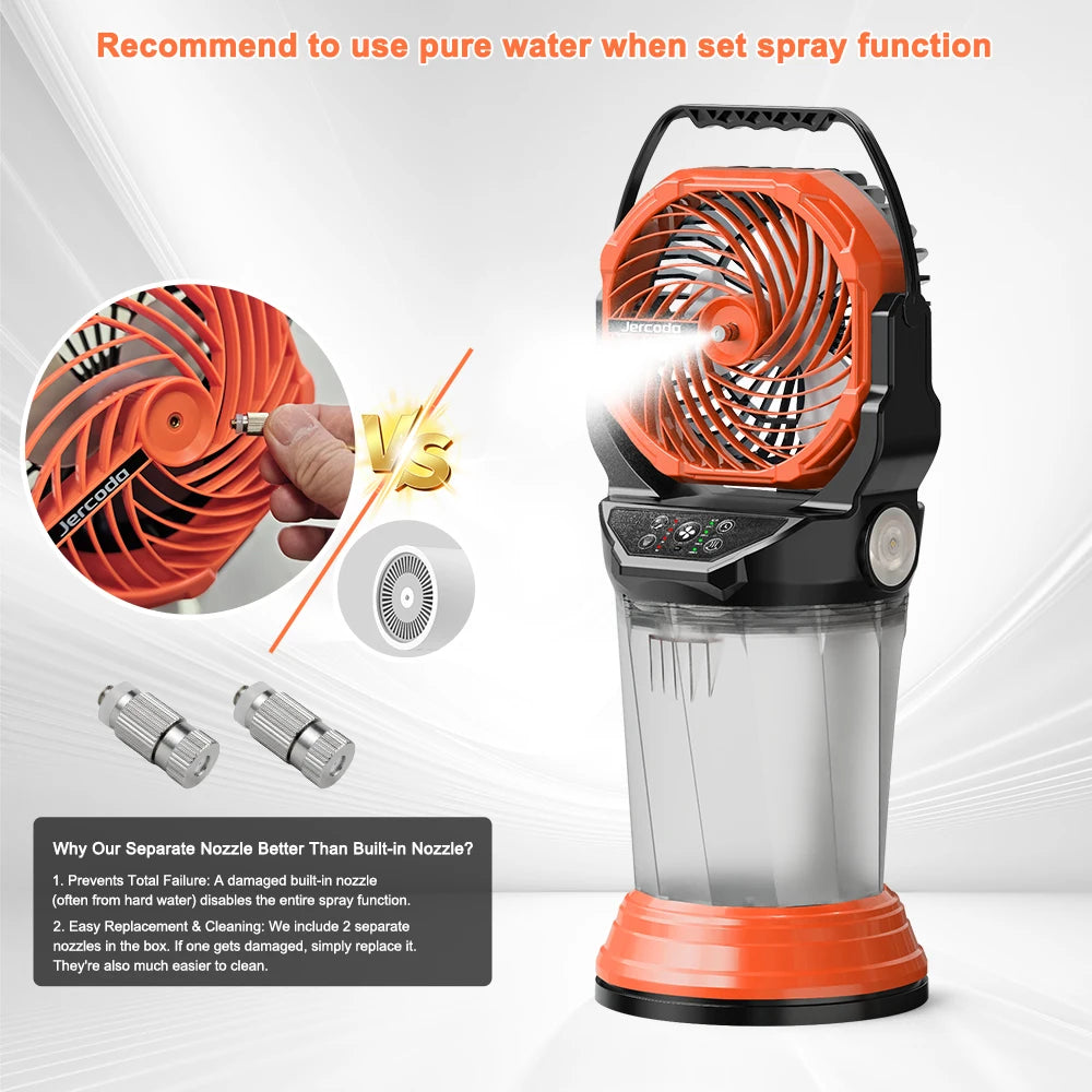 Portable Misting Fan Rechargeable Multifunctional Camping Fan, 2L Water Tank,Timer,4 Speeds Wind,5 Lighting Modes With 2 Nozzles
