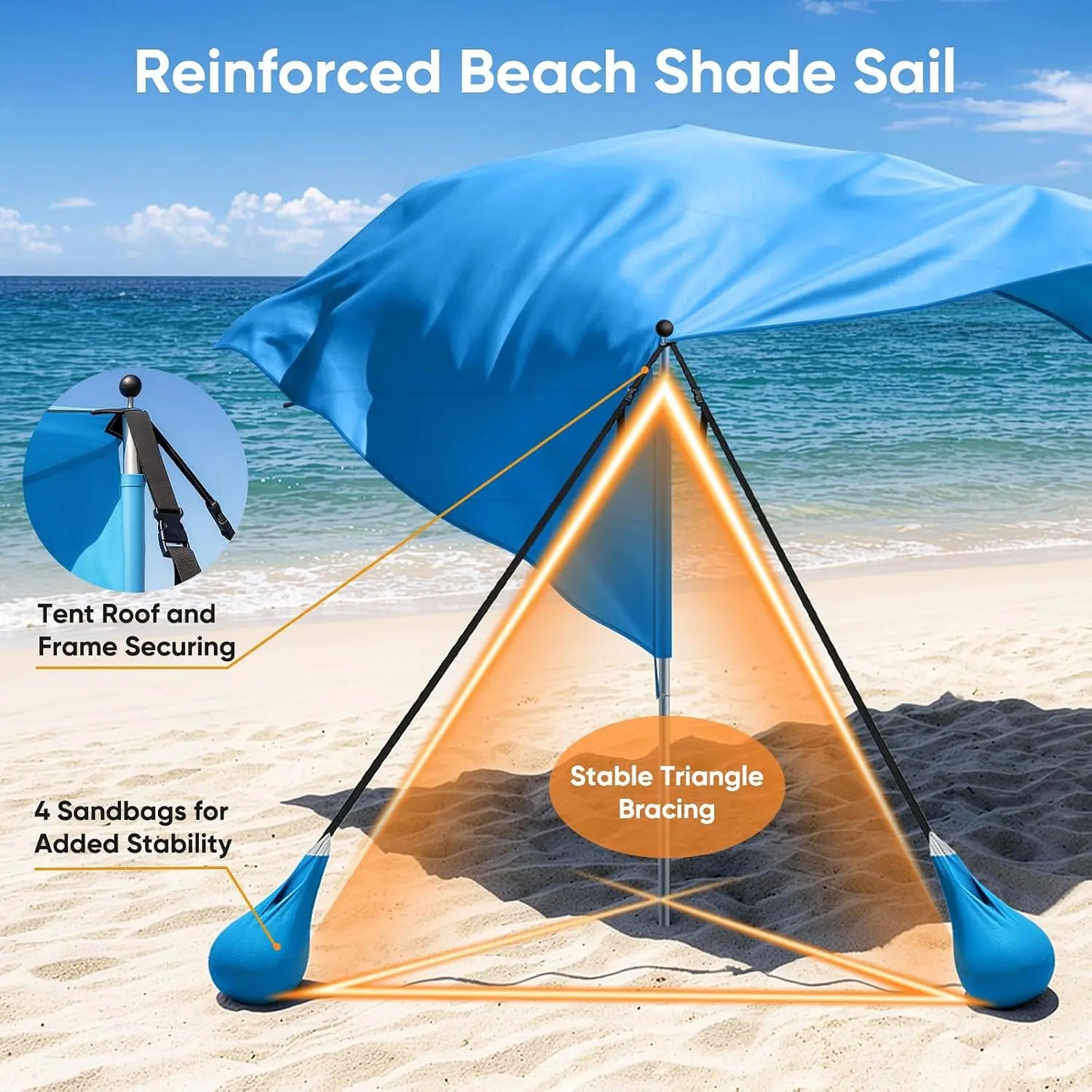 Polyester Beach Shade Canopy, Heavy Duty Wind Supported Sunshade Sail For Outdoor Coastal Trips Family Travel And Backyard, Durable UPF 50 Plus Sun Protection Tent, Blue Single Pack