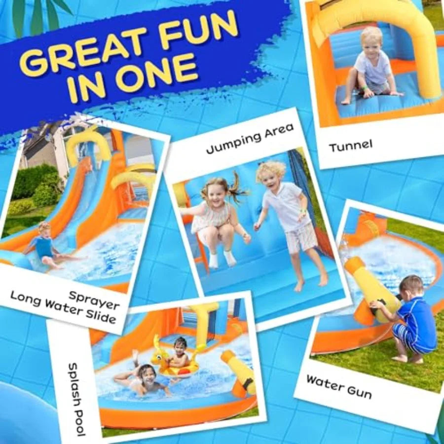 5-in-1 Iatable Water Slide Park, Water Bounce House w/Air Blower, Climbing Wall, Double Jump Area, Splash Pool, Water Cannon, W