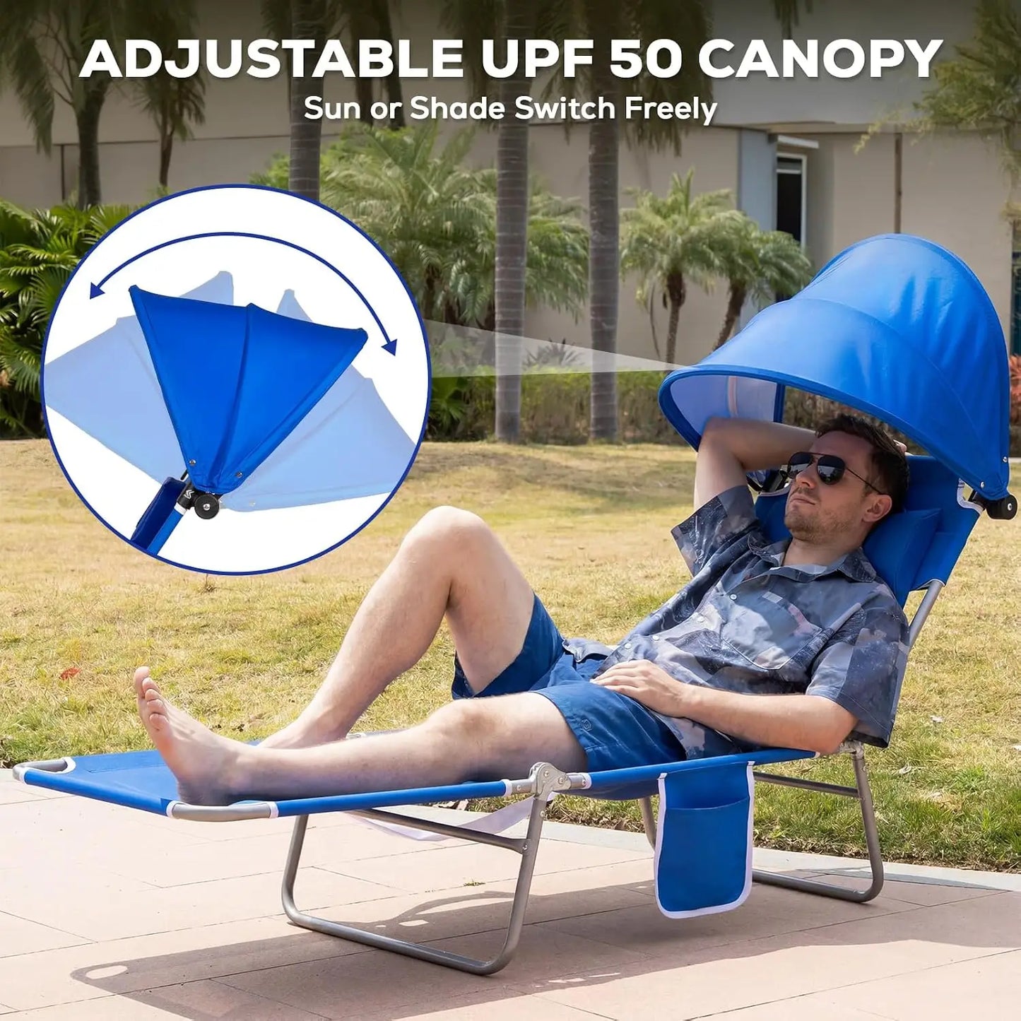 2 Pack Folding Beach Tanning Chair with Face Hole Canopy Shade 5 Position Reclining Flat Lounge Chair Face Down Sun Lounger Side Pocket Royal Blue