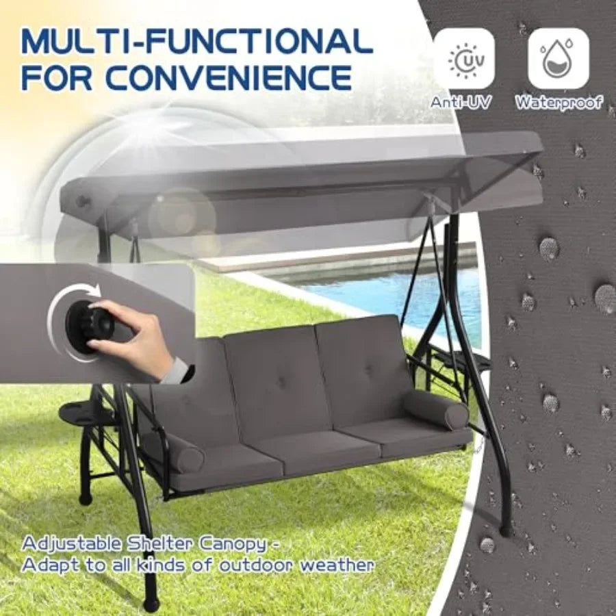 3-Seat Outdoor Porch Swing With Patio Stand And Convertible Bed