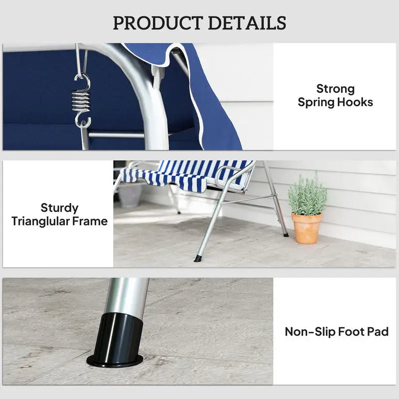 3-Person Porch Swing with Canopy, Patio Swing Chair, Outdoor Canopy Swing Bench with Adjustable Shade, Cushion and Steel Frame, Dark Blue & White Striped