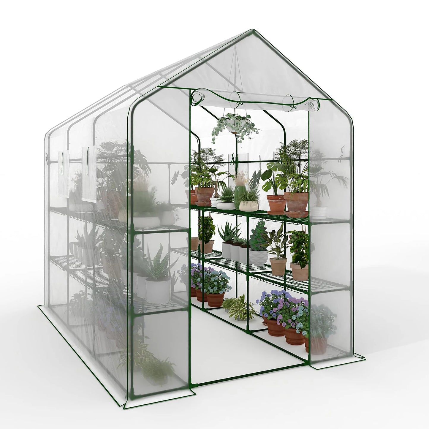 57x85x77in Walk-In Greenhouse With 8 Shelves, PE Cover, Mesh Windows & Zipper Door, Heavy Duty Plant House For Garden Backyard Patio