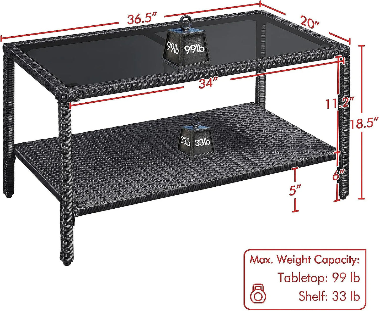 Outdoor Wicker Coffee Side Table All-Weather Rattan Patio Storage with Tempered Glass Top Black
