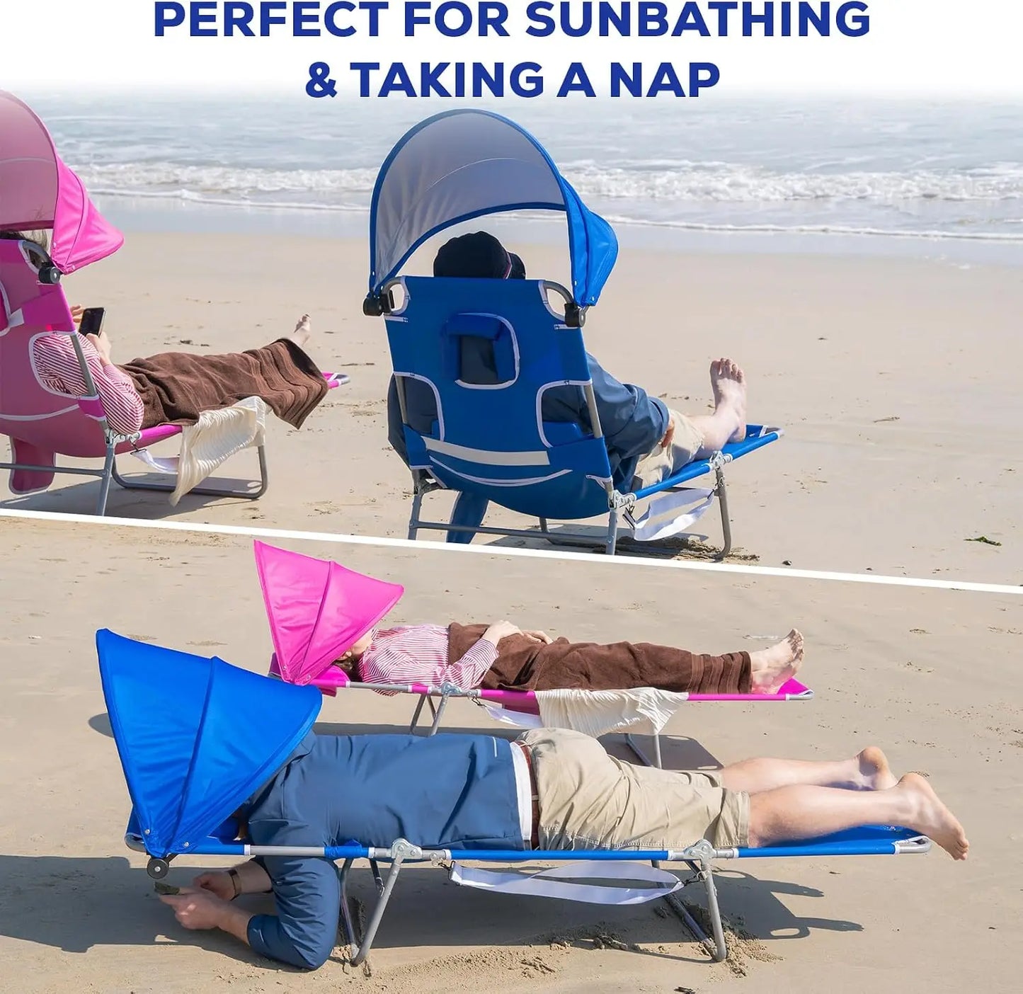 2 Pack Folding Beach Tanning Chair with Face Hole Canopy Shade 5 Position Reclining Flat Lounge Chair Face Down Sun Lounger Side Pocket Royal Blue