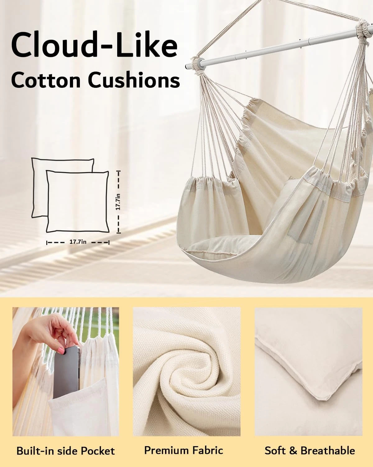 Hanging Swing Chair for Indoor & Outdoor All Weather Use, Premium Soft Cozy Fabric Hammock Chair, Comfort Hanging Seat for Garden Patio Balcony Bedroom