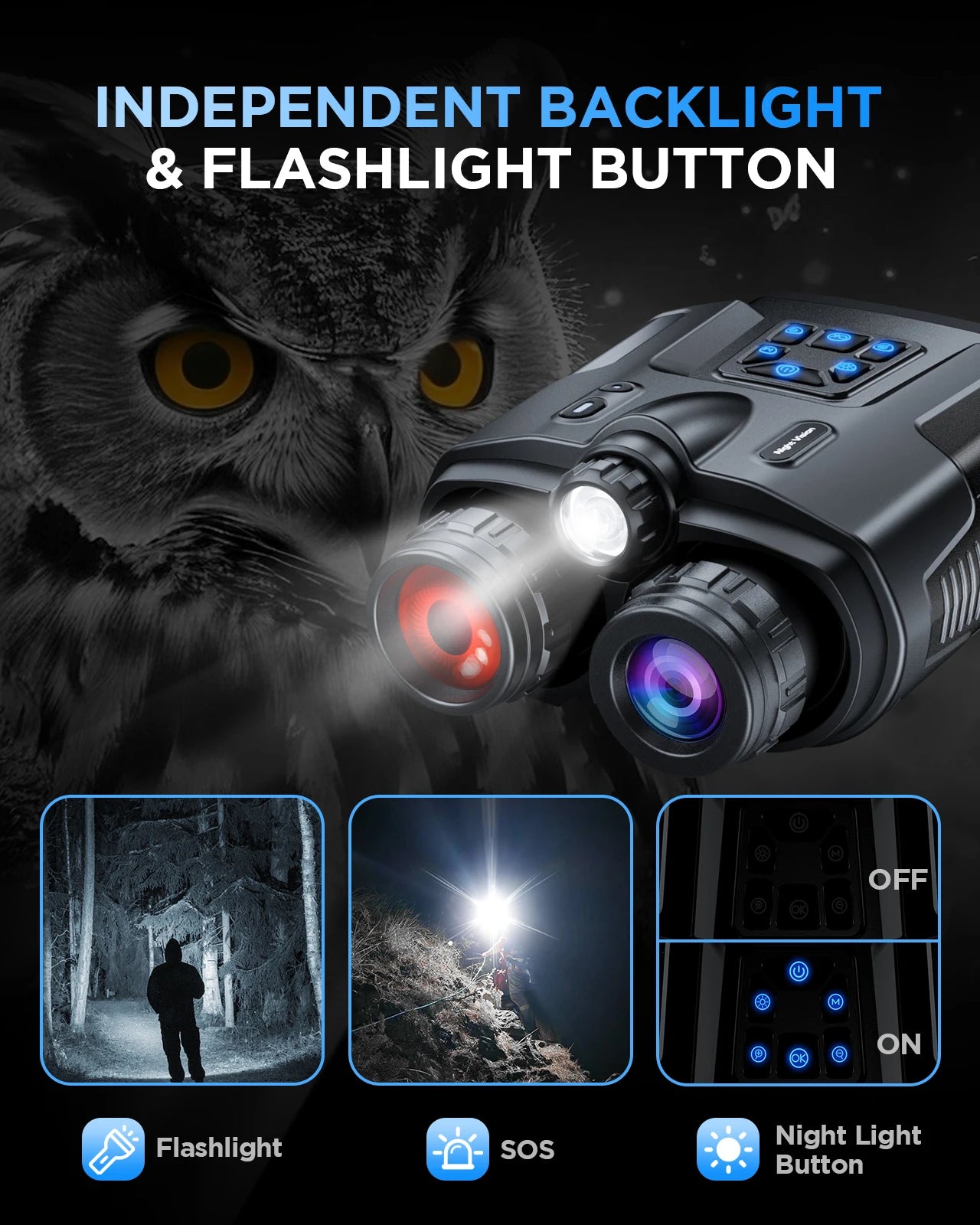 4K Night Vision Binoculars for Adults, 64GB Memory Card 3inch Screen 8X Digital Zoom With Tactical Light, 5000mAh Rechargeable Gear for Hunting & Camping, Infrared Vision Night Goggle, Gifts for Men Husband Dad