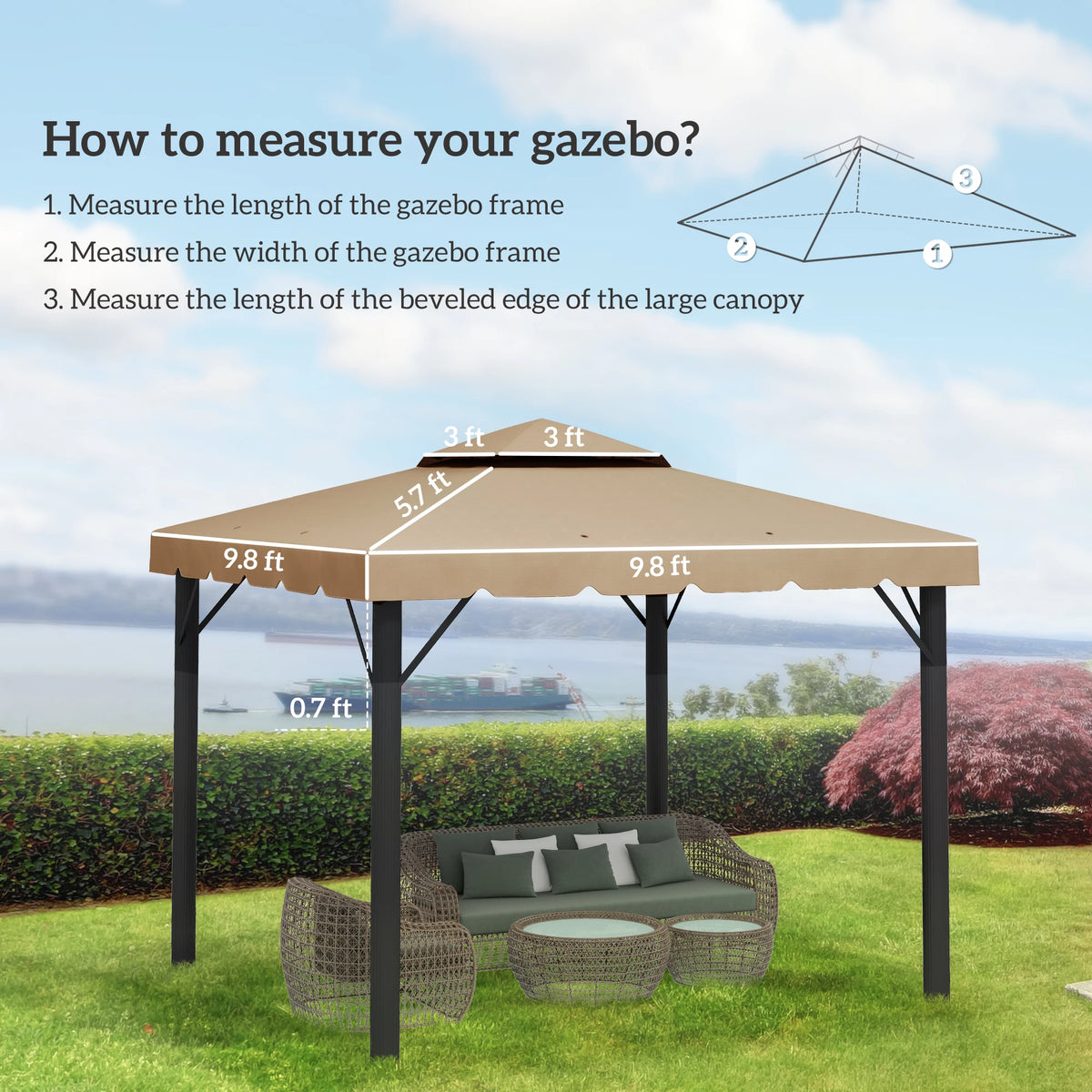 Outsunny 10'X10' Double Roof Gazebo Replacement Canopy Top Cover, Khaki