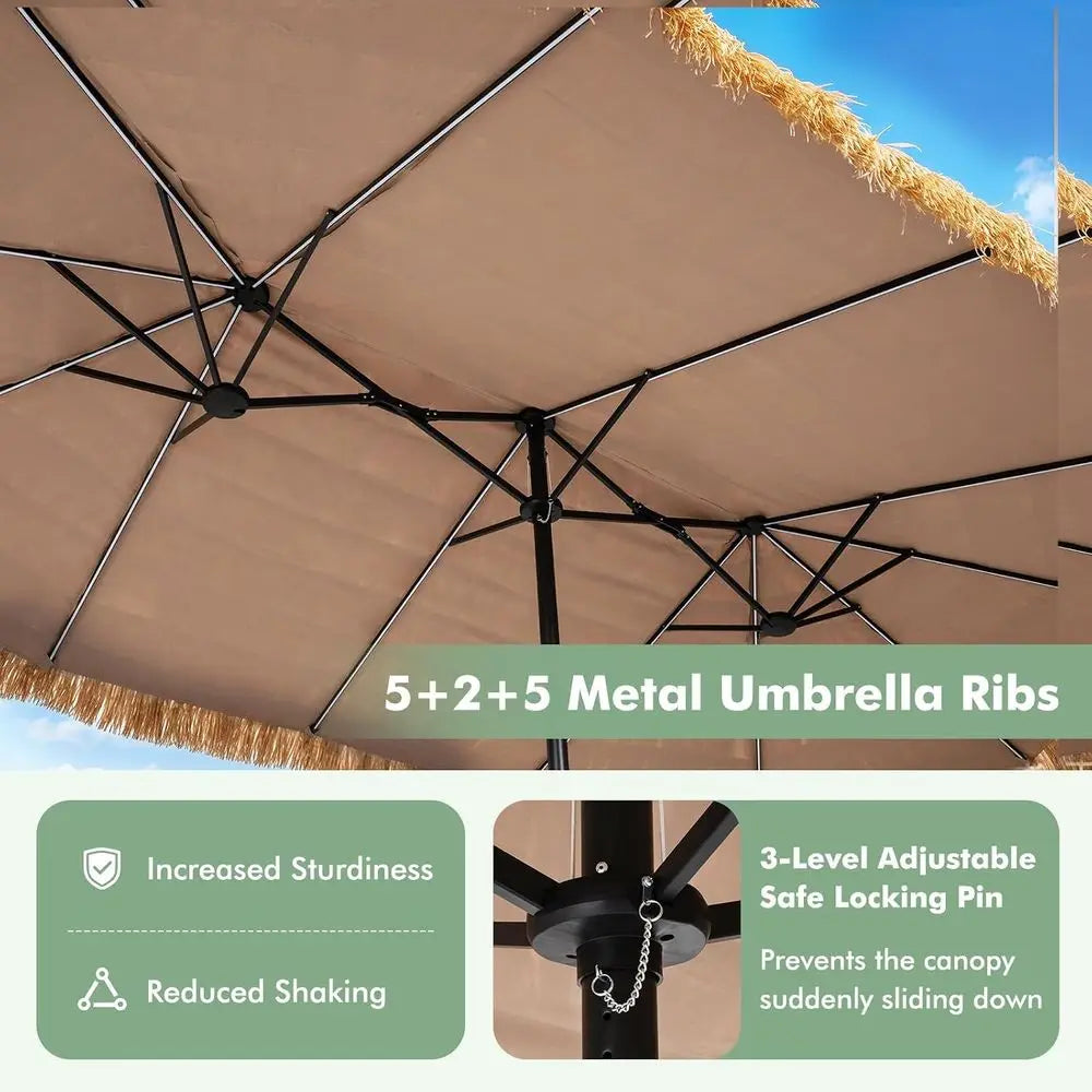 15ft Tiki Patio Umbrella with 144 LED Lights, 12 Ribs, Crank Handle, Suitable for Outdoor, Backyard, Poolside, Deck