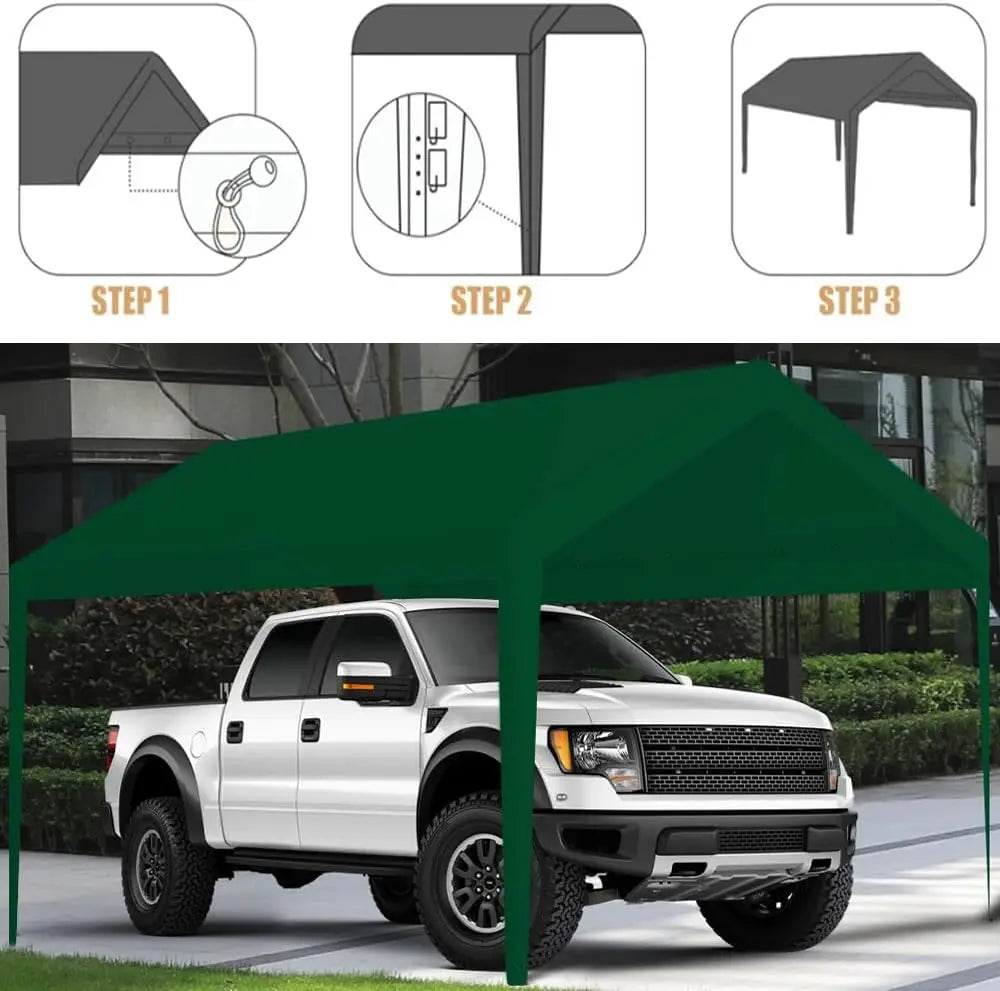 Carport Replacement Cover, Heavy Duty Car Tarp Canopy Tent Garage Top Shelter Fabric With Leg Pole Skirts And Ball Bungees, Waterproof UV Resistant Outdoor Vehicle Parking Roof Top, Green