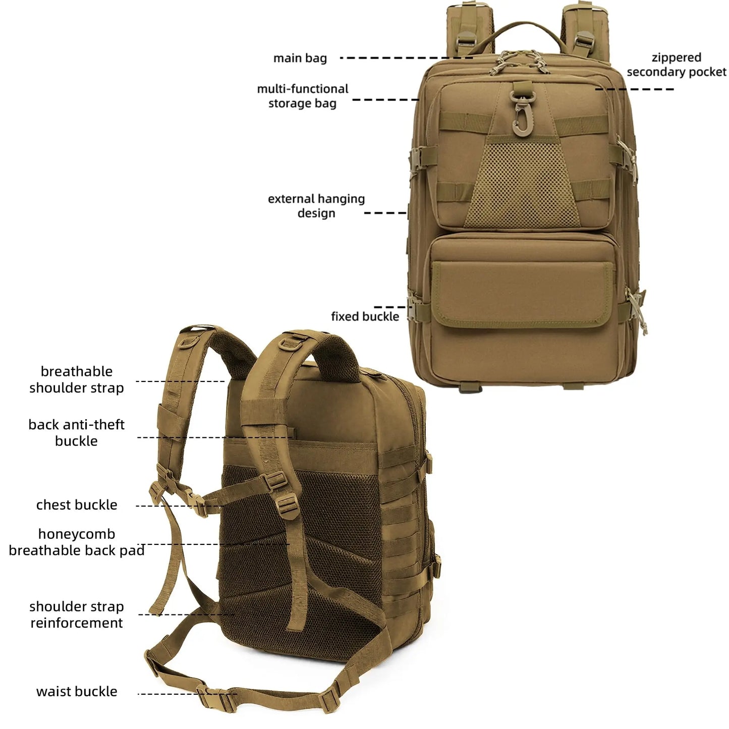 50L Camouflage Tactical Backpack MOLLE Hiking Rucksack Desert Pattern