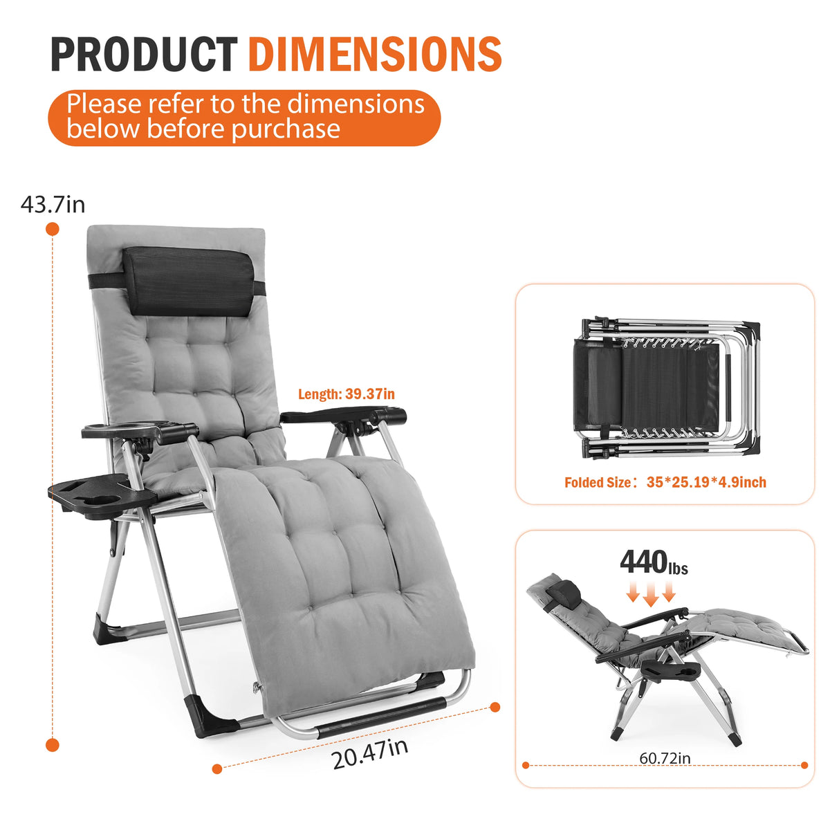 JHK Zero Gravity Reclining Outdoor Lounge Chair With Tray