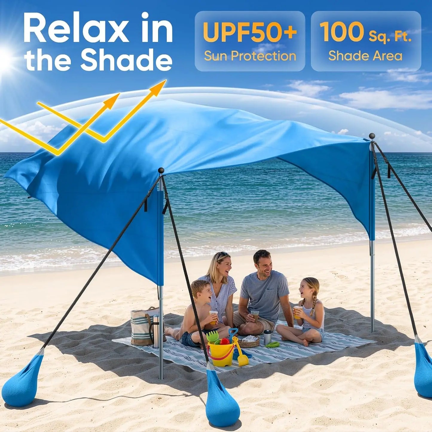 Polyester Beach Shade Canopy, Heavy Duty Wind Supported Sunshade Sail For Outdoor Coastal Trips Family Travel And Backyard, Durable UPF 50 Plus Sun Protection Tent, Blue Single Pack