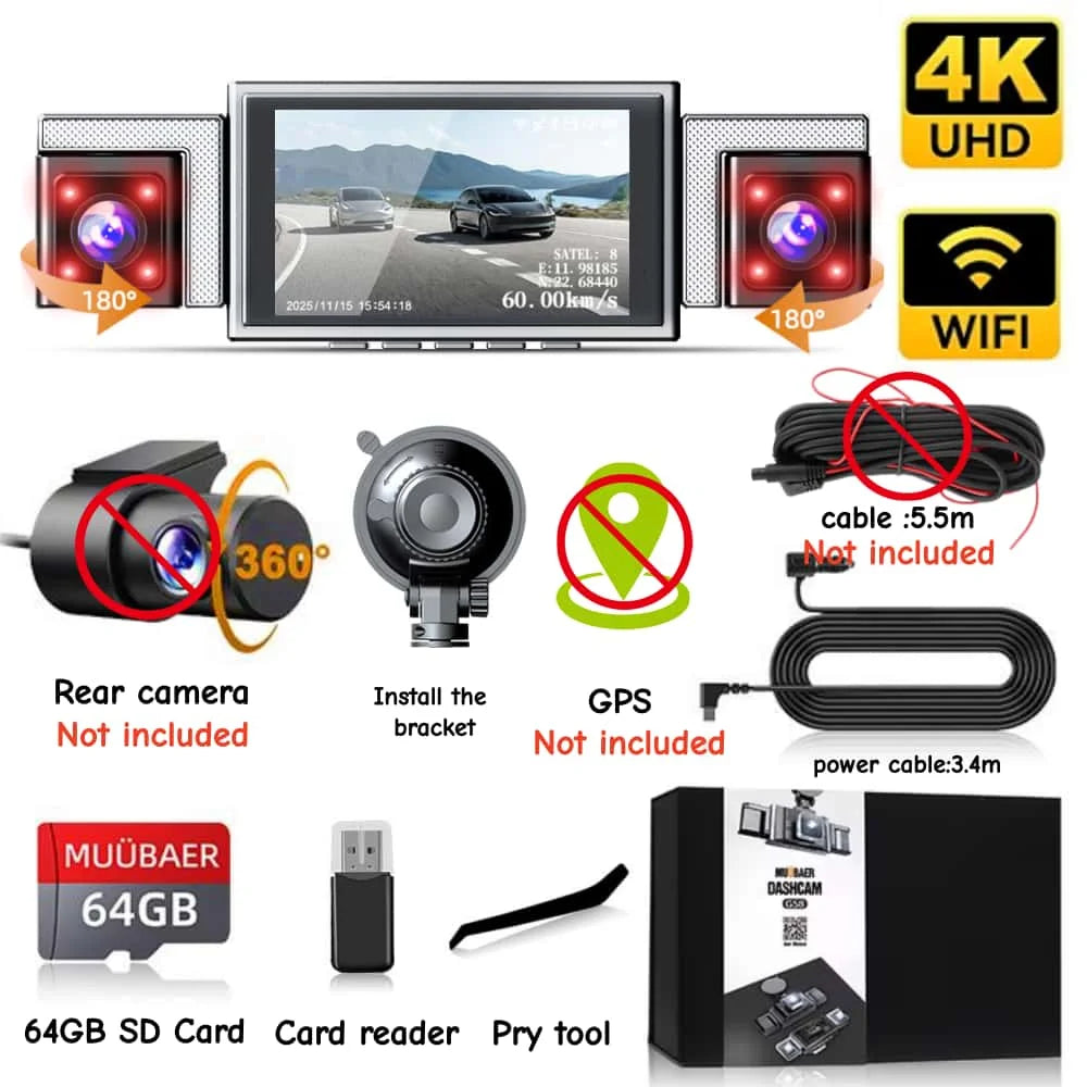 MUÜBAER 4K 360 Degree Dash Cam With 5.8GHz WiFi GPS IPS Screen