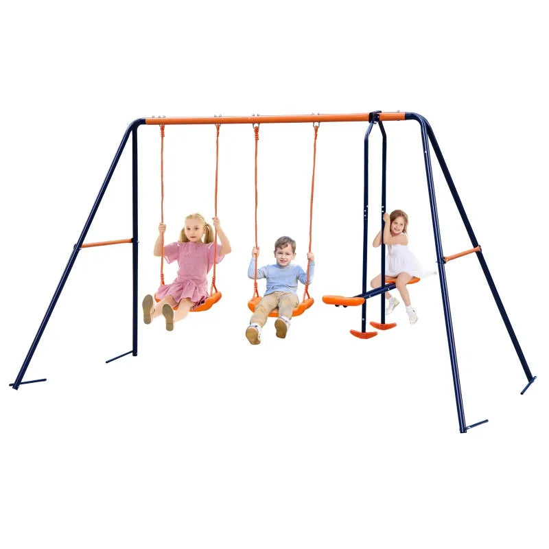 Metal Play Swing Set W/ 2 Seats 1 Glider Outdoor Playground 440lbs Capacity Patio Swings