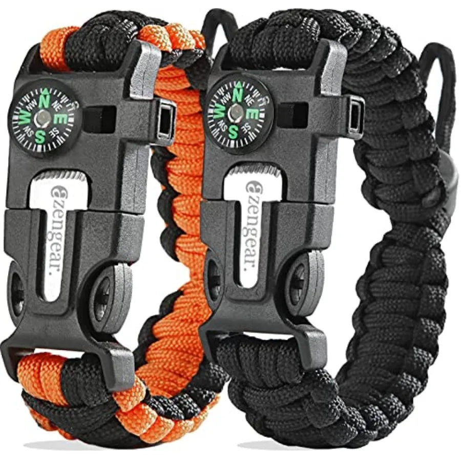 Paracord Survival Bracelet 2 Pack Flint Steel Fire Starter, Whistle, Compass, Mini Saw Adjustable Wrist Band Size for Camping,