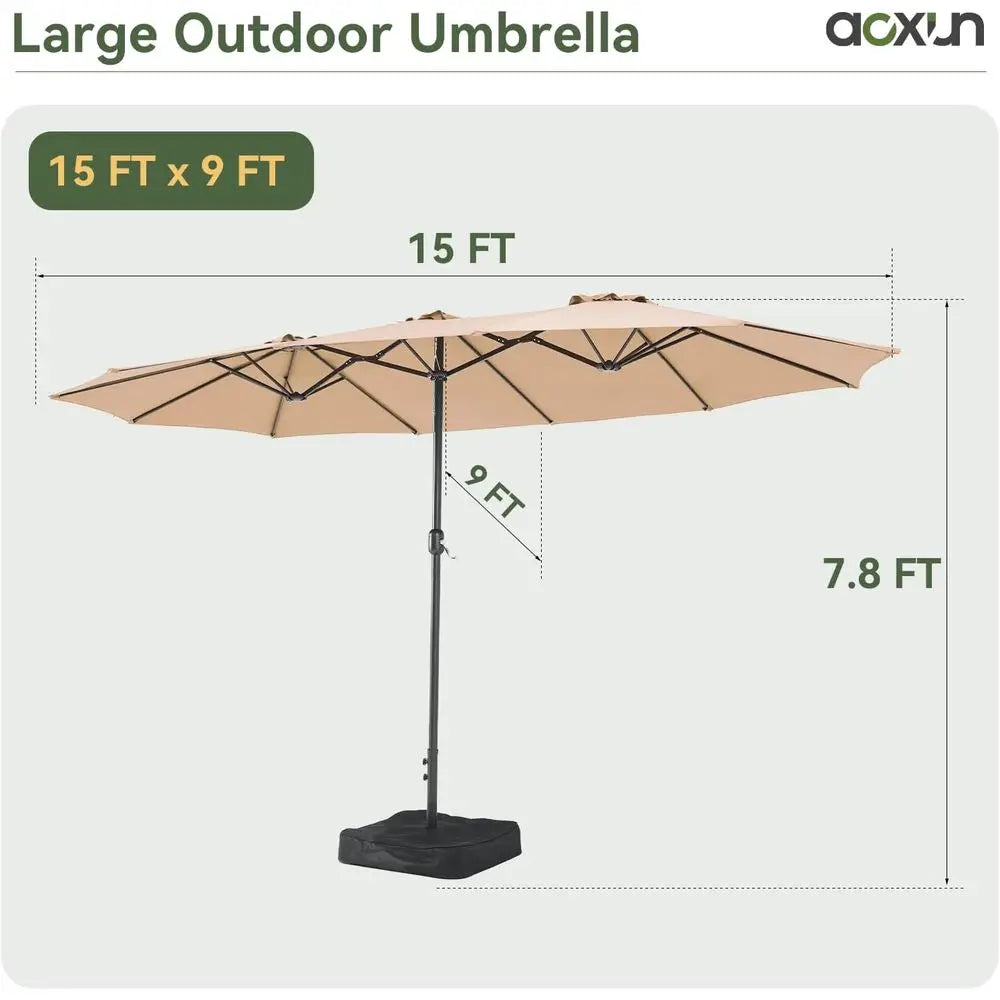 15ft Patio Umbrella with Base, Double-Sided Vented for Outdoor, Crank Handle, Suitable for Pool, Deck, Lawn, Backyard, Beach