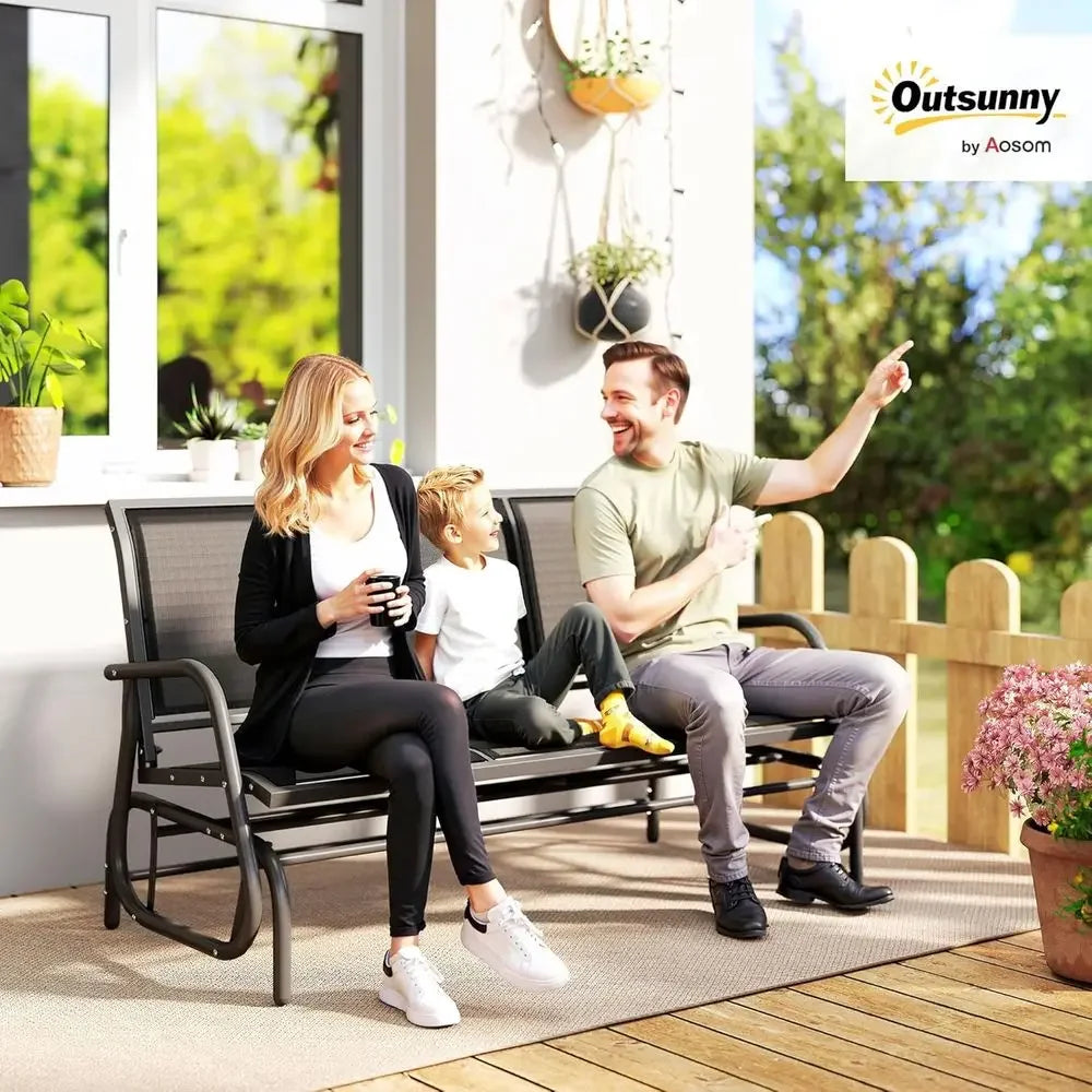 3-Person Outdoor Patio Glider Bench with Mesh Fabric, Metal Frame, Black