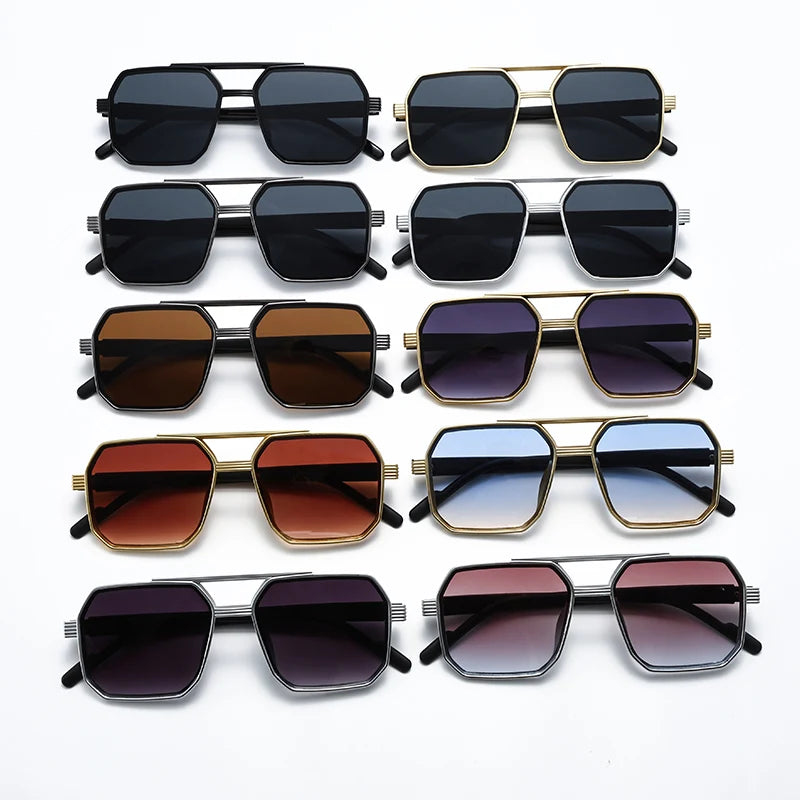 2pcs Trendy Metal Polygonal Pilot Sunglasses Luxury Double Beam Unisex UV400 Shades Perfect for Party Daily Wear Outdoor Driving Fashion Stylish Eyewear Ideal Holiday Gift for Men and Women