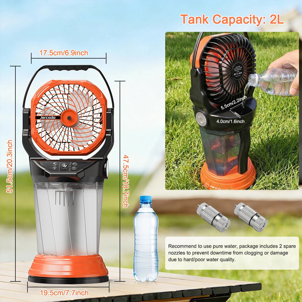 Portable Misting Fan Rechargeable Multifunctional Camping Fan, 2L Water Tank,Timer,4 Speeds Wind,5 Lighting Modes With 2 Nozzles