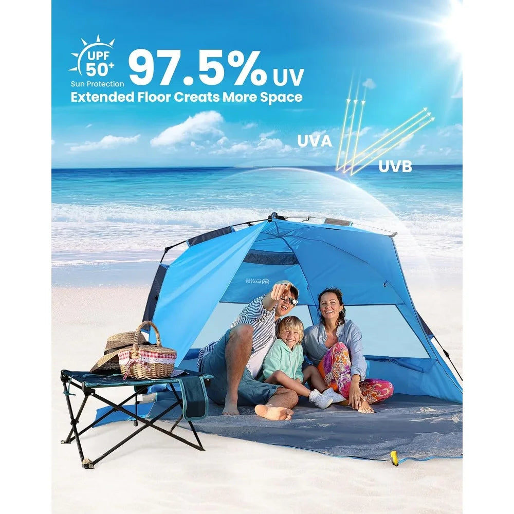 Pop Up Beach Tent for 3-4 Person, Instant Setup Sun Shelter with UPF50+ UV Protection, Portable Shade Canopy with Sandbags for Beach & Outdoor