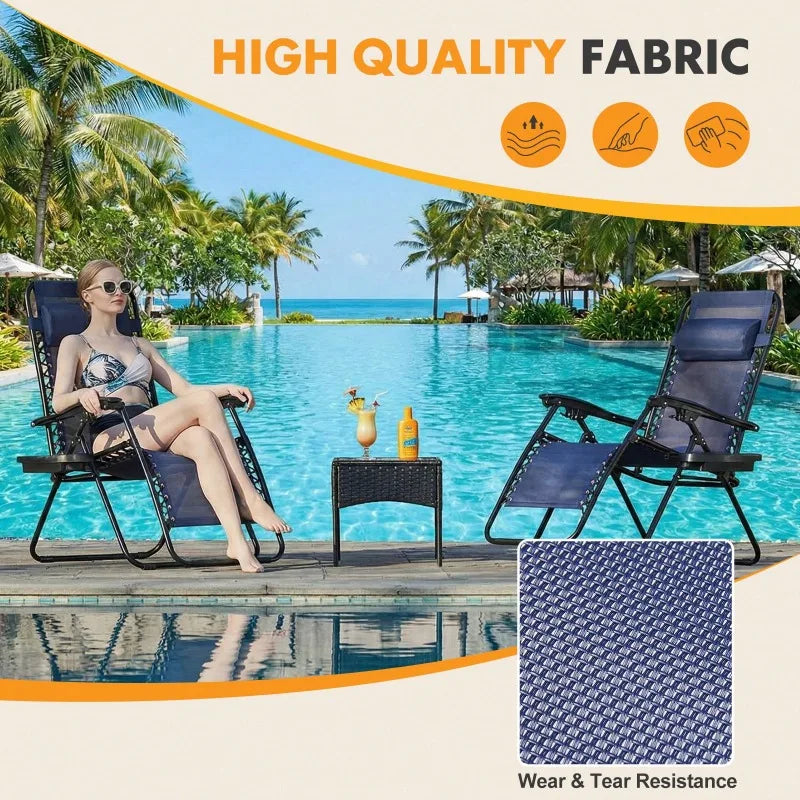 2PC Folding Chaise Lounge, Outdoor Sun Tanning Chairs With Pillow, Zero Gravity Chairs With Reclining Back Cup Holder, Steel Frame & Breathable Mesh For Beach, Yard, Patio, Poolside