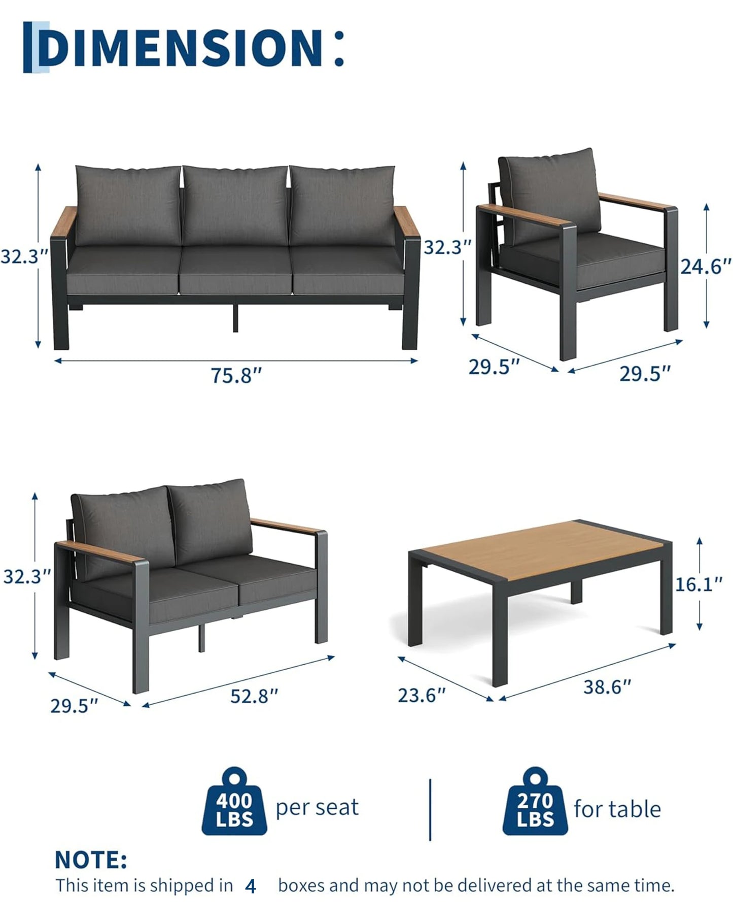 HiMISS Aluminum Patio Furniture Set With Cushions And Coffee Table