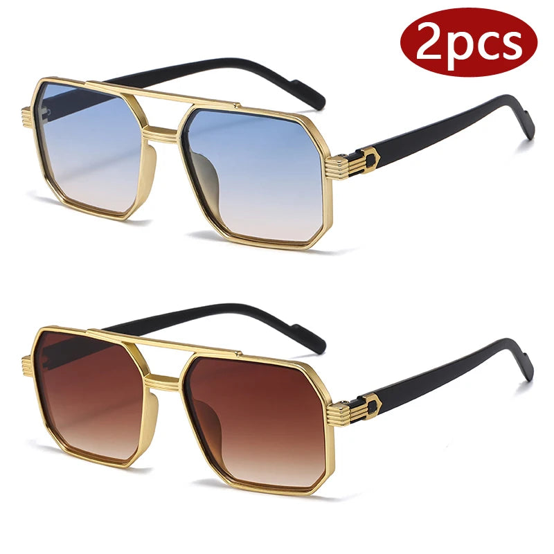 2pcs Trendy Metal Polygonal Pilot Sunglasses Luxury Double Beam Unisex UV400 Shades Perfect for Party Daily Wear Outdoor Driving Fashion Stylish Eyewear Ideal Holiday Gift for Men and Women