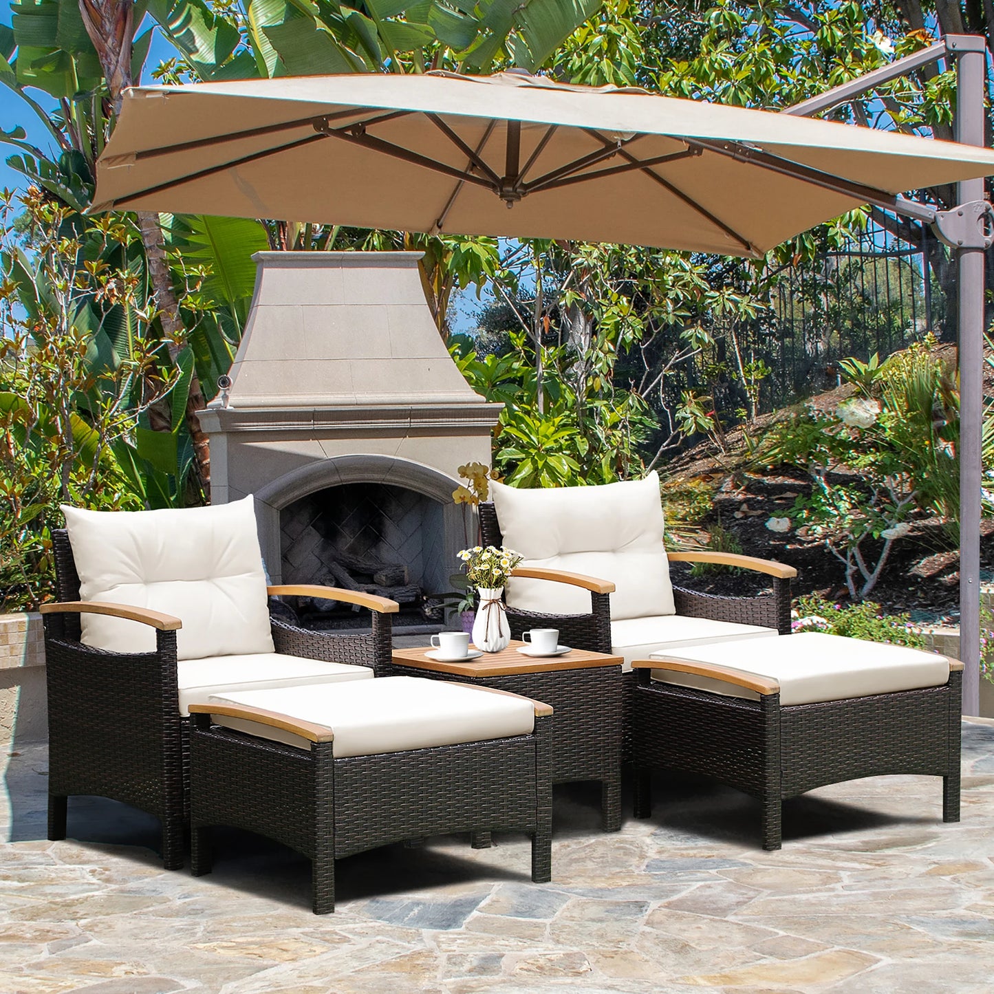 HOMASIS 5 Piece Patio Rattan Sofa Set With Wood Table