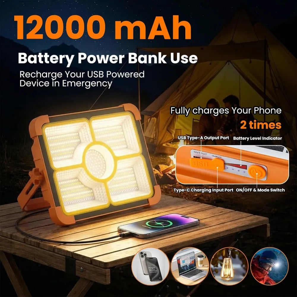Portable Rechargeable Camping Light with Tripod, 12000mAh Solar LED Work Light, 5 Lighting Modes, Waterproof, for Camping, Car Repair & Emergency Use