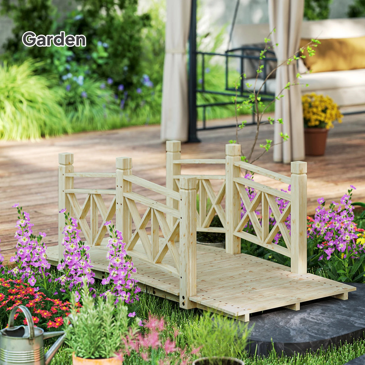 5 ft. Wood Garden Bridge with Safety Handrails Backyard Bridge, Nature Wood