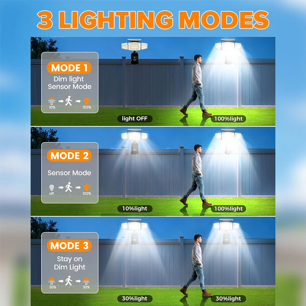 Solar LED Street Light Outdoor Clip-on Motion Sensing Light 3 Adjustable Lamp Heads Camping Light, for Fences Decks Garages Wall