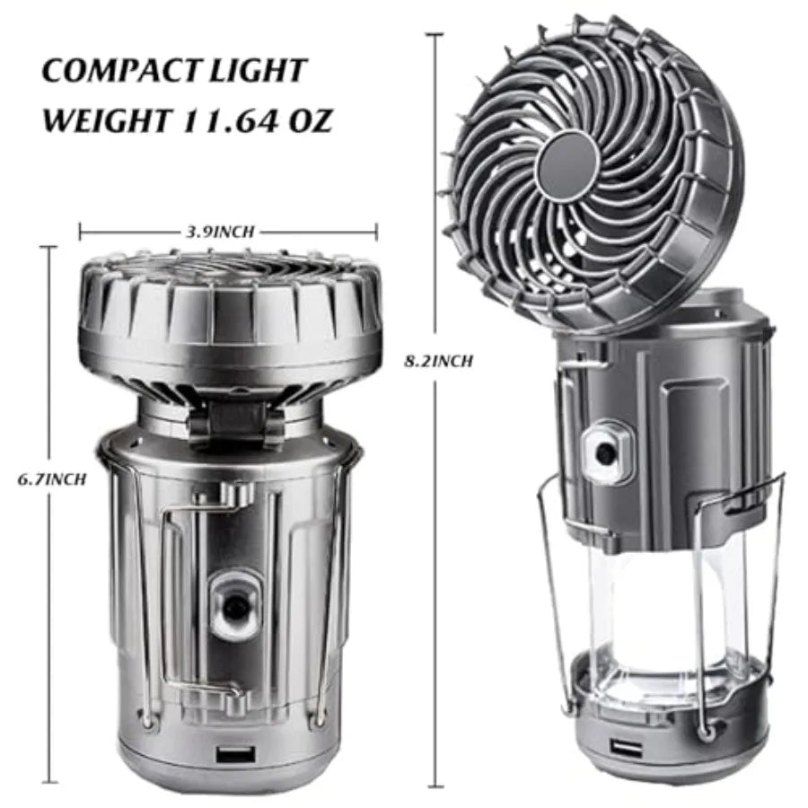 Solar Camping Lantern with Fan, Rechargeable Camping Fans Charging for Phone, Battery Operated Light for Hurricane Power Outage
