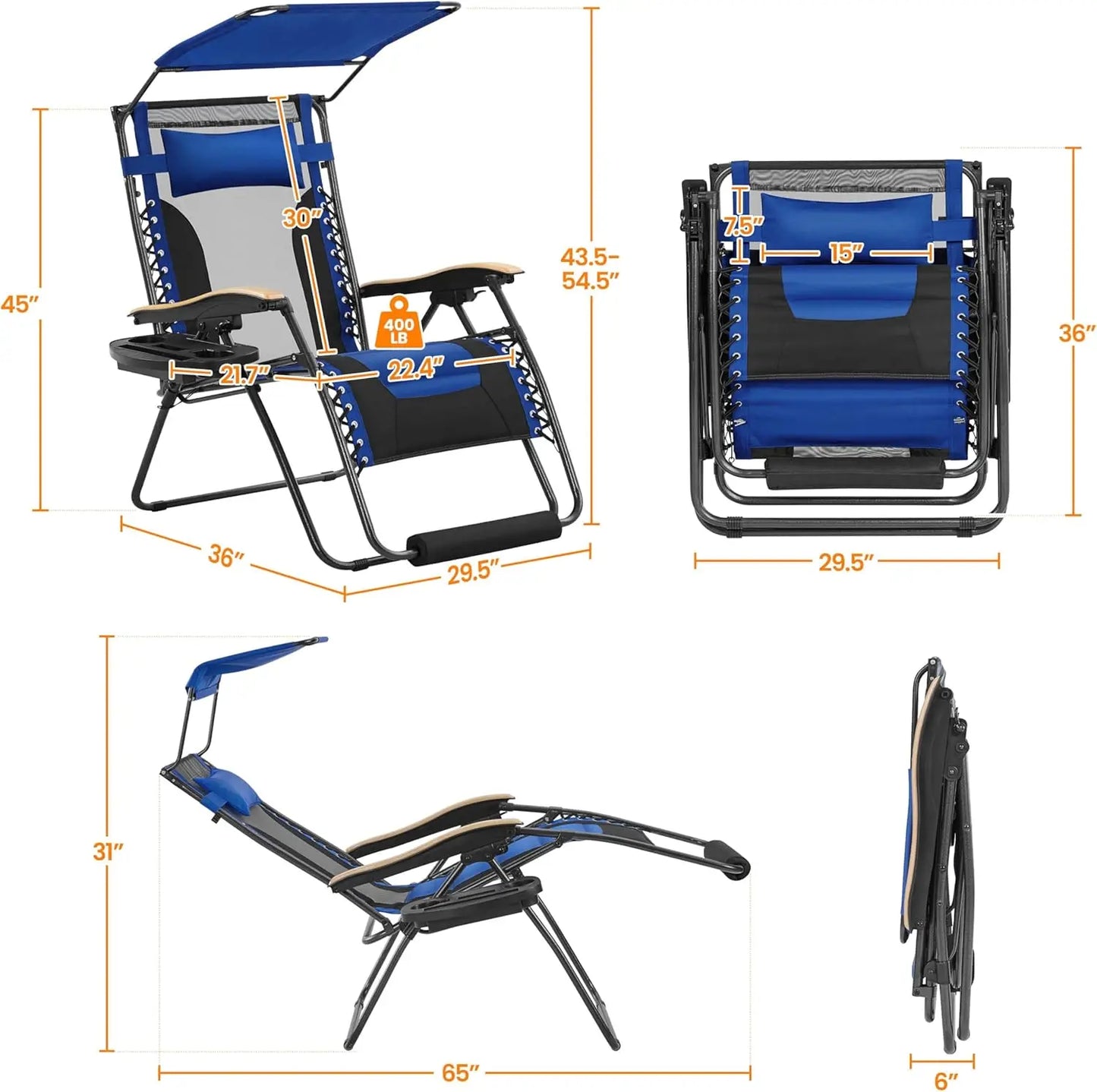 Zero Gravity Chair with Canopy, Cup Holder & Headrest - Adjustable Patio Recliner for Outdoor Relaxation, Navy Blue/Black